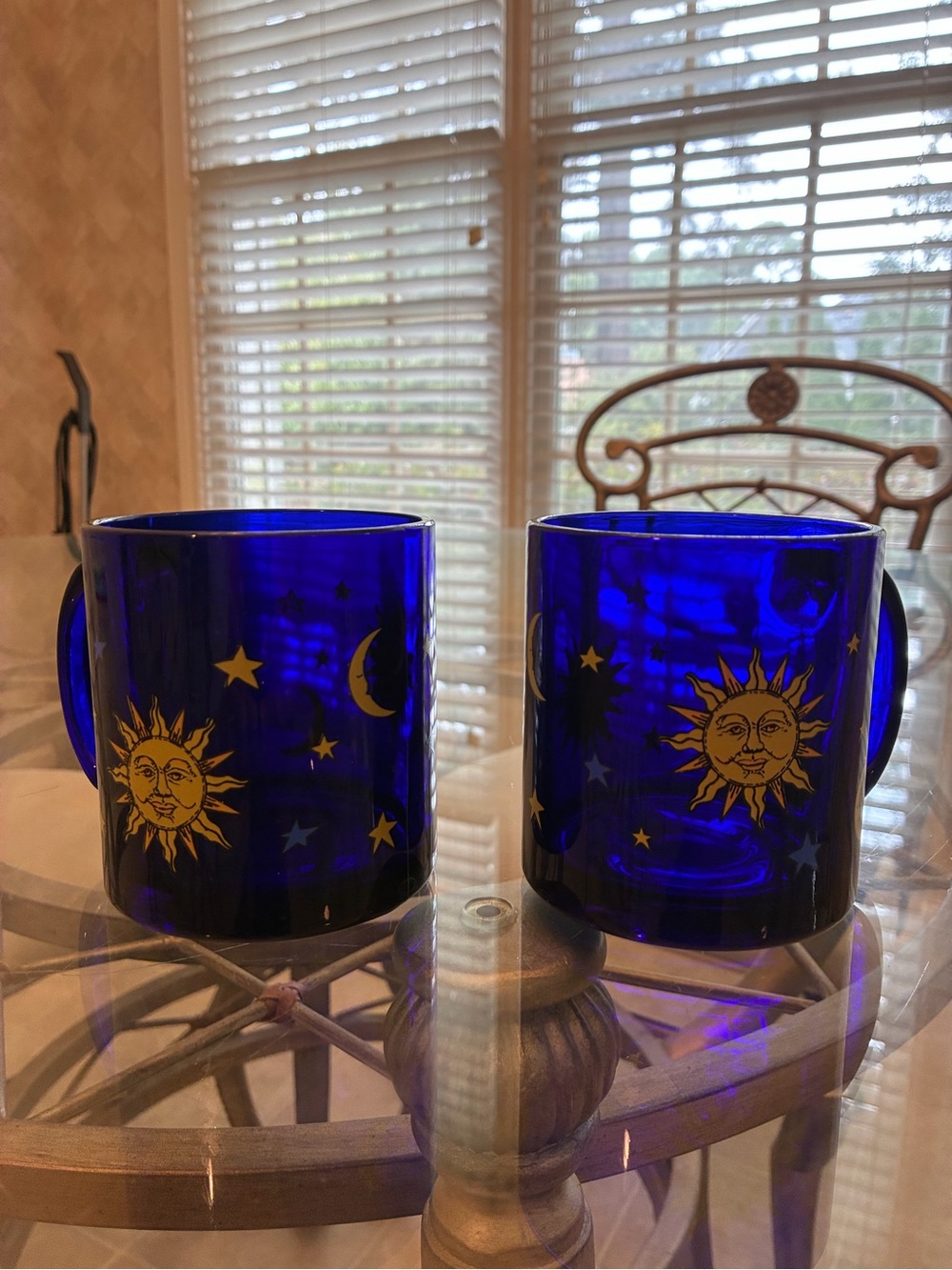 Rare Libbey Vintage Celestial Cobalt Blue Sun & Moon Glass Mugs - Set of 2